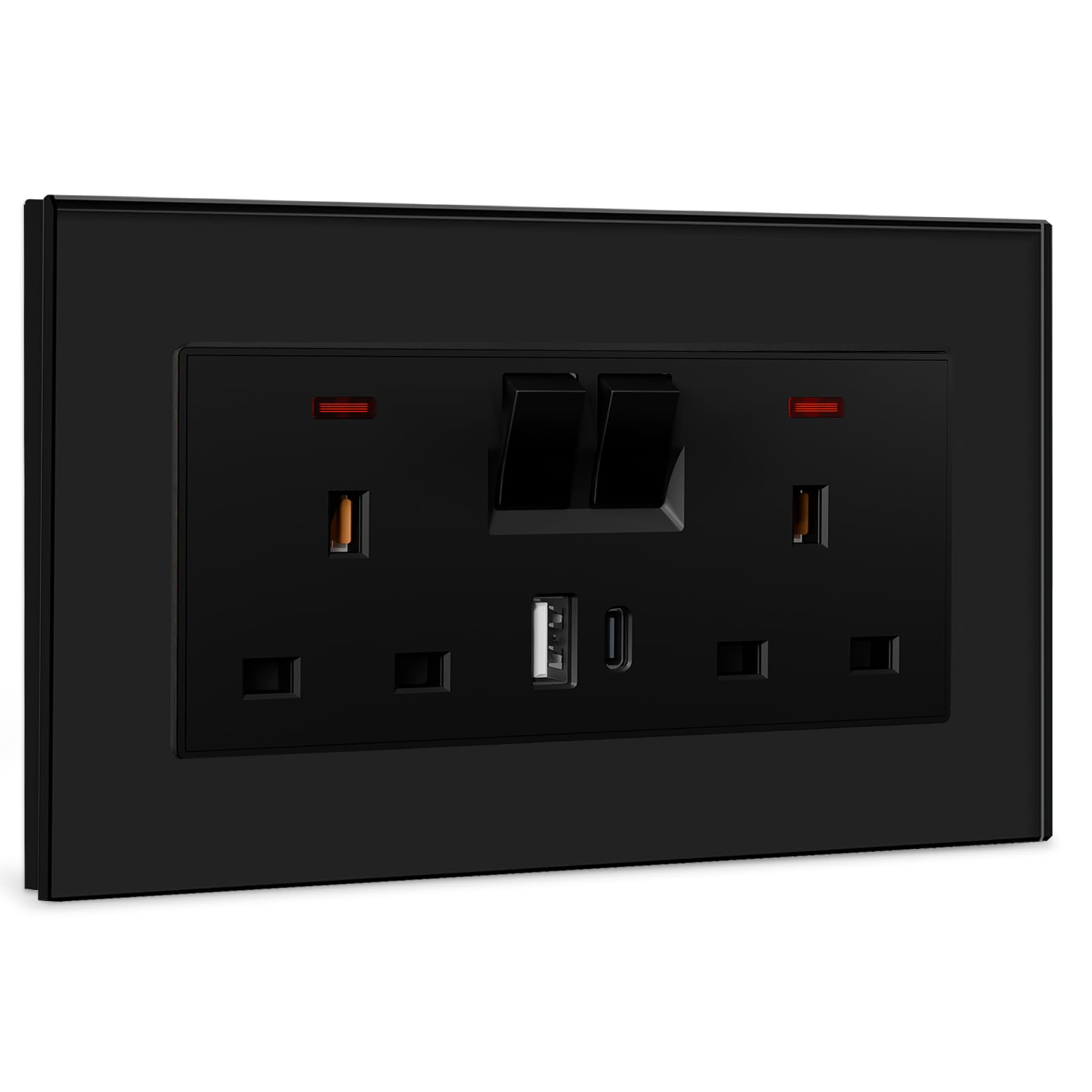 BSEED Double Socket 13A with 2 USB A and USB C 18W, Double Switched Socket 2 Gang UK Standard, Switched Outlet with Glass Panel, Electric Power Outlet Black โ image 1