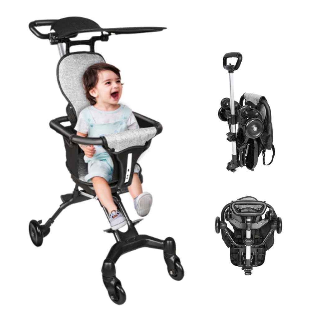 OHMG Poussette Canne Ultra Légère Pliable,Compacte,Pliable et Inclinable de la Naissance à 25 kg,avec Système Trolley,Poussette de voyage de 6 mois+,Harnais 5 points (Noir+Gris-Pliable-30*55*86.5cm)