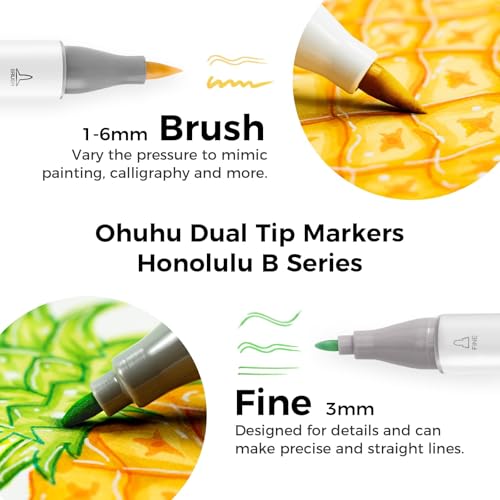 Image of Ohuhu Alcohol Markers Brush Tip-Double Tipped Art Marker Set For Artist Adults Coloring Illustration-72 Colors-Alcohol-Based Refillable Ink-Fine & Brush Dual Tips-Honolulu B Of Markers,Multicolor