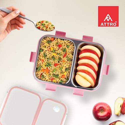 Image of ATTRO Duo Meal Stainless Steel Lunch Box with 2 Partition, Microwave Safe, Airtight Leakproof Silicone Seal Lid, BPA-Free Food Grade Tiffin Box for Office School Kids - 650ml - Pink