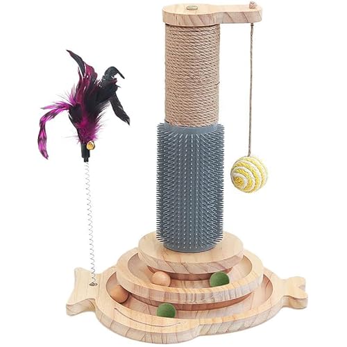 Marchul Cat Roller 2-Level Turntable, Wooden Cat Track Toy with Scratching Post, Interactive Kitten Fun Track for Indoor Cats