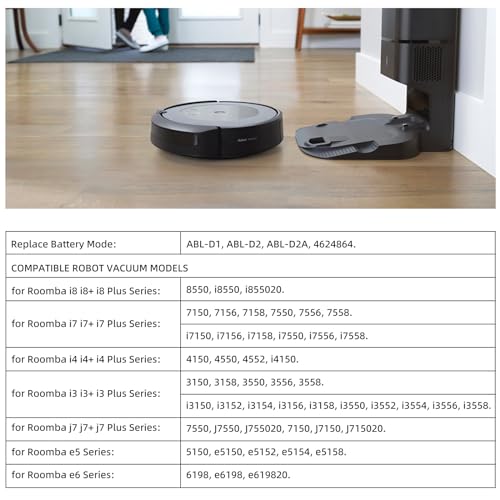 Image of for iRobot Roomba e & i Series ABL-D1 Battery Replacement, Compatible with Roomba i8 i8+ i7 i7+ i4 i4+ i3 i3+ e5 e6 J7 J7+ J6+ J6 Plus J5 J5+ Series Li-ion Batteria Capacity 14.4V 37.96Wh