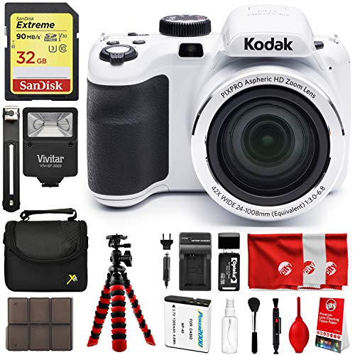 Kodak PIXPRO AZ421 16MP Point & Shoot Digital Camera w/ 3-Inch LCD, 720p HD Video, 42X Optical Zoom, 24mm Wide Angle Lens (White) Bundle with 32GB Extreme Memory Card & Accessories (16 Items)