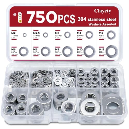 750 Pezzi Rondelle, Ciaycty Rondelle Acciaio, 9 Misure Rondelles Alzaporta Acciaio inox 304, Rondella Metallo M2M2.5M3M4M5M6M8M10M12, Rondella Tappo Olio Motore per per Progetti Meccanici e Fai da T