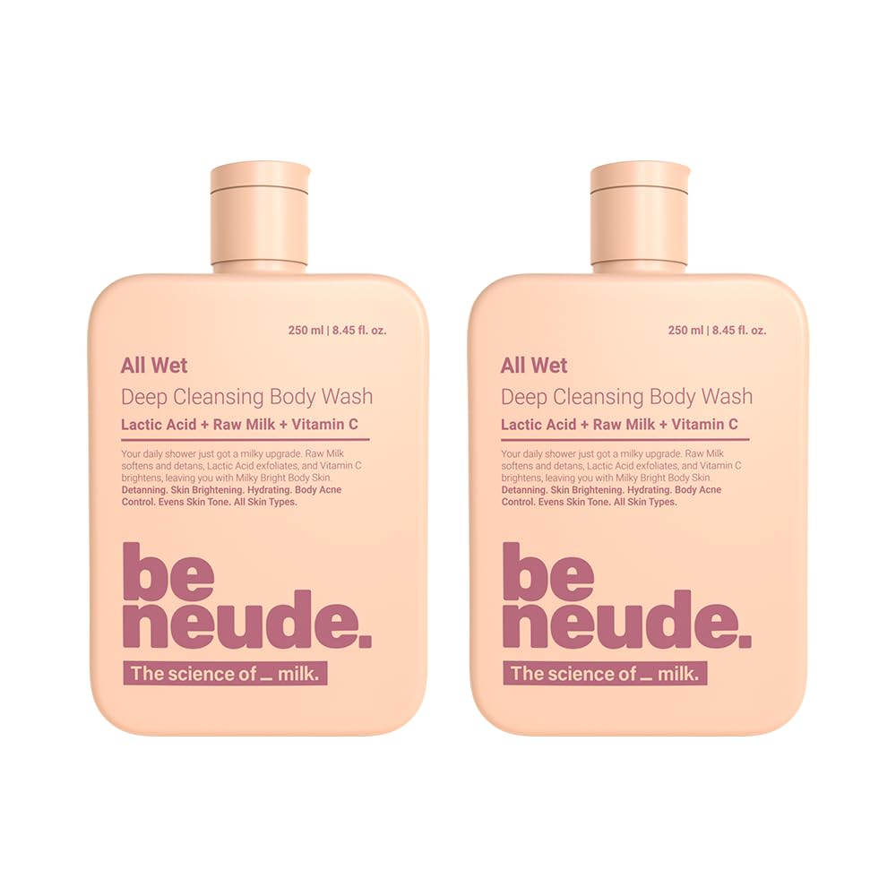 Be Neude All Wet 250ml De-Tan Body Wash with Milk, Lactic Acid, Vitamin C for Skin Brightening, Dark Spot & Pigmentation Reduction; Deep Cleansing Shower Gel Prevents Dryness for Men & Women - Pack of 2
