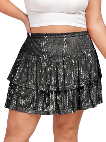 Moon Wood Falda Corta Mujer de Lentejuelas Tallas Grandes Minifalda Cintura Alta Elástica con Brillos para Fiesta Disco Danza Carnaval Halloween Negro 5XL