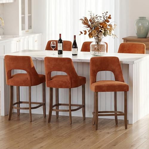 Image of UVV Bar Stools Set of 6, Upholstered Counter Height Bar Stools, Modern Counter Stools with Wood Legs for Kitchen Island Dining Room Bar, Orange