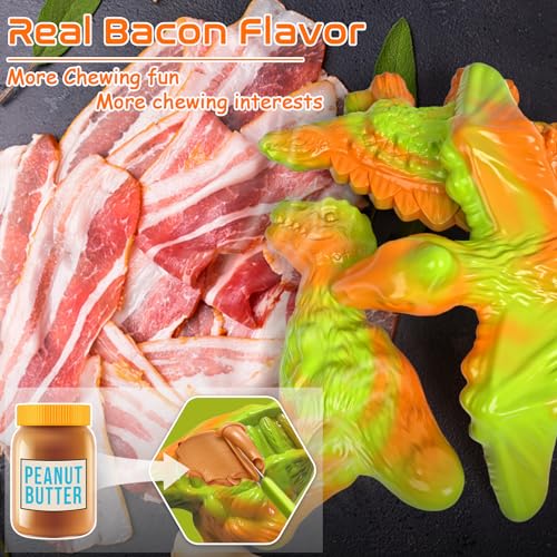 AstraVox Dog Toys, 3 Pack Indestructible Tough Dog Chew Toys for Aggressive Chewers, Nylon Bones with Bacon Flavor Dinosaur Teething Chew Toy for Large Medium Small Breeds