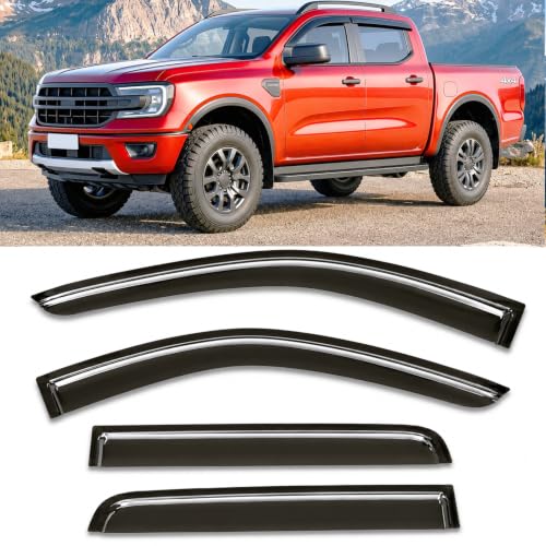 Image of 2024-2026 Tape-On Rain Guards for Ford Ranger Side Window Visor Deflectors XL XLT Lariat Raptor Tinted Shades 2025
