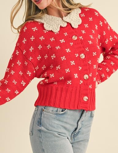 Esmeling Women's Y2K Ruffle Collar Cardigan Sweater Cute Long Sleeve Button Down Floral Knitwear Tops3