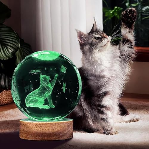 Image of 3D Crystal Ball Lamp with 16 Colors Changing LED Wooden Base - Solar System Night Light, Galaxy Lamps, Galaxy Crystal Ball Light with USB (16 Color Hand Cat)