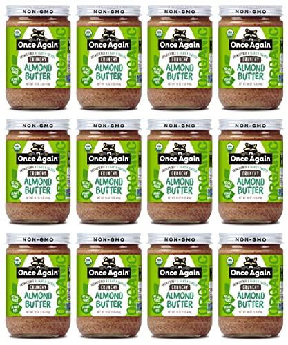 Once Again Organic Crunchy Almond Butter, 16oz - Lightly Toasted - Salt Free, Unsweetened - USDA Organic, Gluten Free Certified, Peanut Free, Vegan, Kosher, Paleo - Glass Jar - 12 Pack