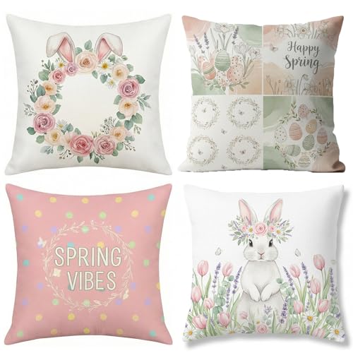 BRILISLE Easter Pillow Covers 18x18 Inch Set of 4,Spring Vibes Pink Floral Polyester Square Cushion Cases for Sofa Couch Farmhouse Home Decor