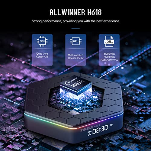 Android TV Box 12.0, Android Boxes, 4GB RAM 32GB ROM Allwinner H618 Quad-Core Cortex-A53 CPU Support 2.4GHz/5GHz WiFi6 BT 5.0 HDMI2.0 LAN 10/100M Ethernet 3D 6K H.265 Smart TV Box