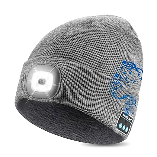 GAFres Unisex Bluetooth LED Beanie Hat with Light, Built-in Stereo Speaker and Mic,Headlamp Headphone Beanie,Gifts for Men&Women,Winter Warm Knit Cap for Sports Outdoors(Grey)