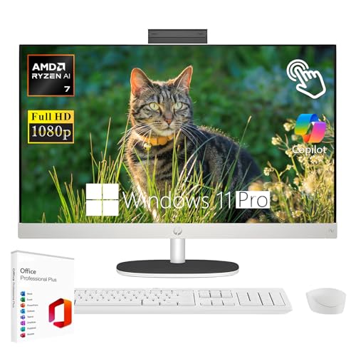 Image of HP 27 inch FHD All-in-One Touchscreen Desktop Computer, AMD Ryzen AI 7 350, AMD Radeon 860M Graphics, Business Desktop, 64GB DDR5 RAM | 2TB SSD, WiFi 6, Copilot AI, Win11 Pro w /KB & Mouse - White