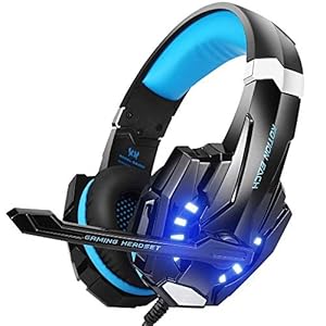 EasySMX Microfoon PS4 gaming hoofdtelefoon, stereo, bas met led, licht, gaming-headset, goed onbreekbaar, comfortabel, compatibel met PS4/PC/laptop/tablet/smartphone (zwart + blauw)