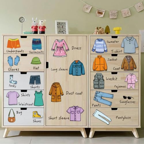 PRESSINART 4 Pcs 4 Styles Dresser Clothing Decals Wardrobe Stickers for Closet PVC Self-Adhesive Clothes Storage Classification Labels for Drawers Wardrobe Organizer Sorting Box Decoration