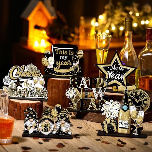 Realspring 6 Pc Happy New Years Table Decorations, New Year 2026 Wooden Table Centerpieces, Black Gold 2026 Party Supplies, Eve Party Supplies - Image 2