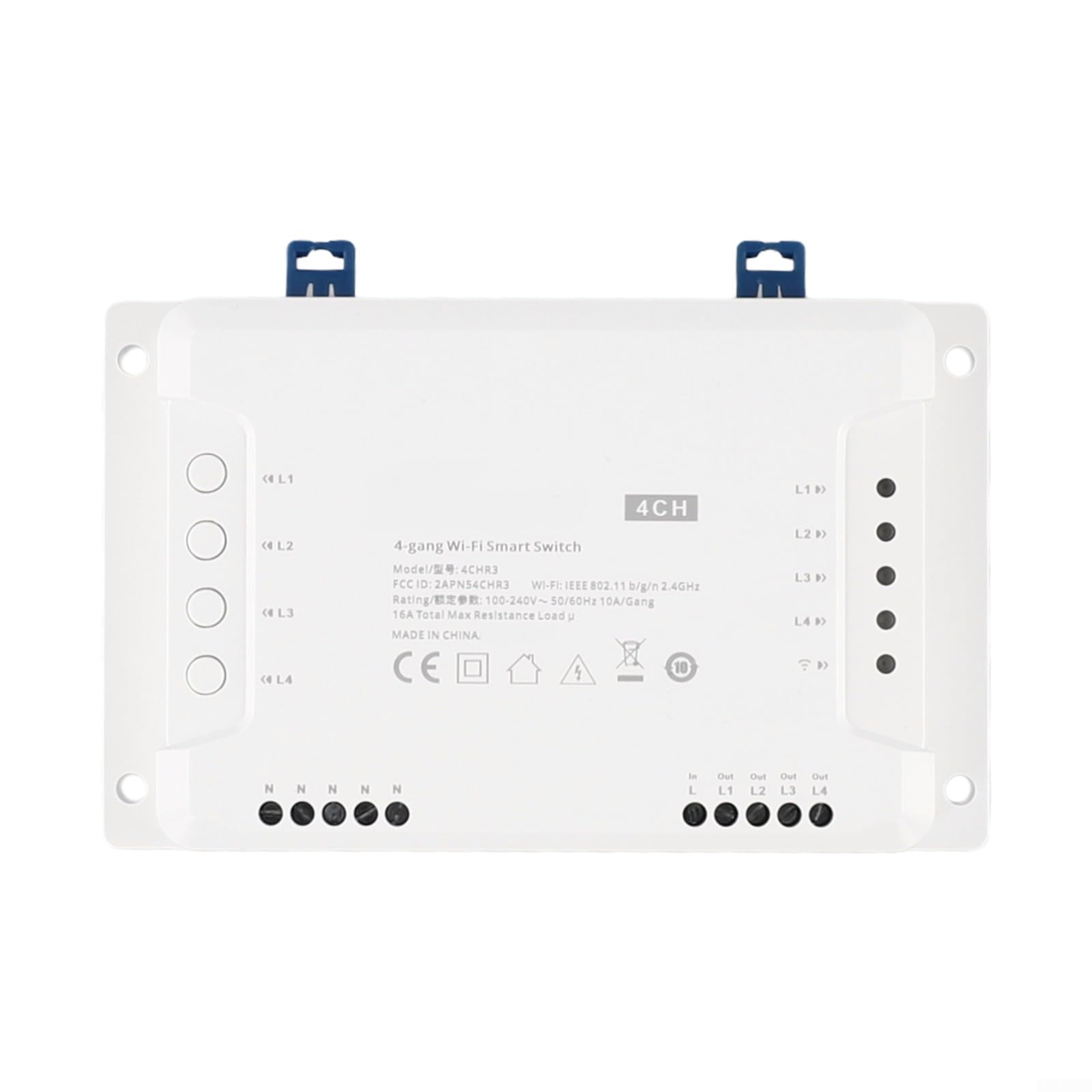 Interruptor de luz inteligente de 4 canales WiFi para control por voz Alexa – RF mando a distancia montaje en carril blanco (4 CH R3)