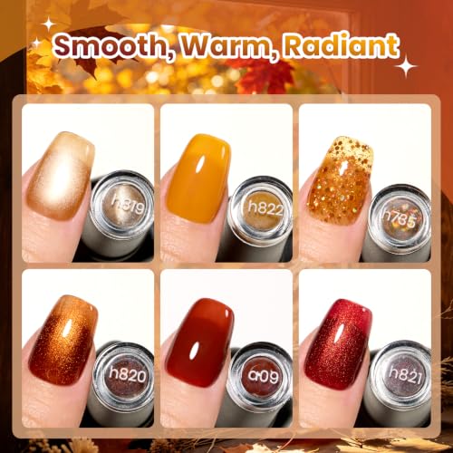 Image of Beetles Fall Gel Polish Set, 6 Colors Brown Gold Red, UV LED | 6 warm fall shades with gold shimmer, glitter, brown, red and mustard yellow tones.