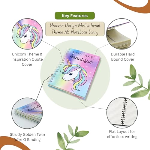 Image of You Are Beautiful Unicorn A5 Spiral Notebook Diary for Girls & Women | 192 Pages Ruled Journal with Daily & Monthly Planner | Hard Bound Cover | Twin Wire Binding | Motivational Unicorn Theme Notebook for Writing, Study & Gifting
