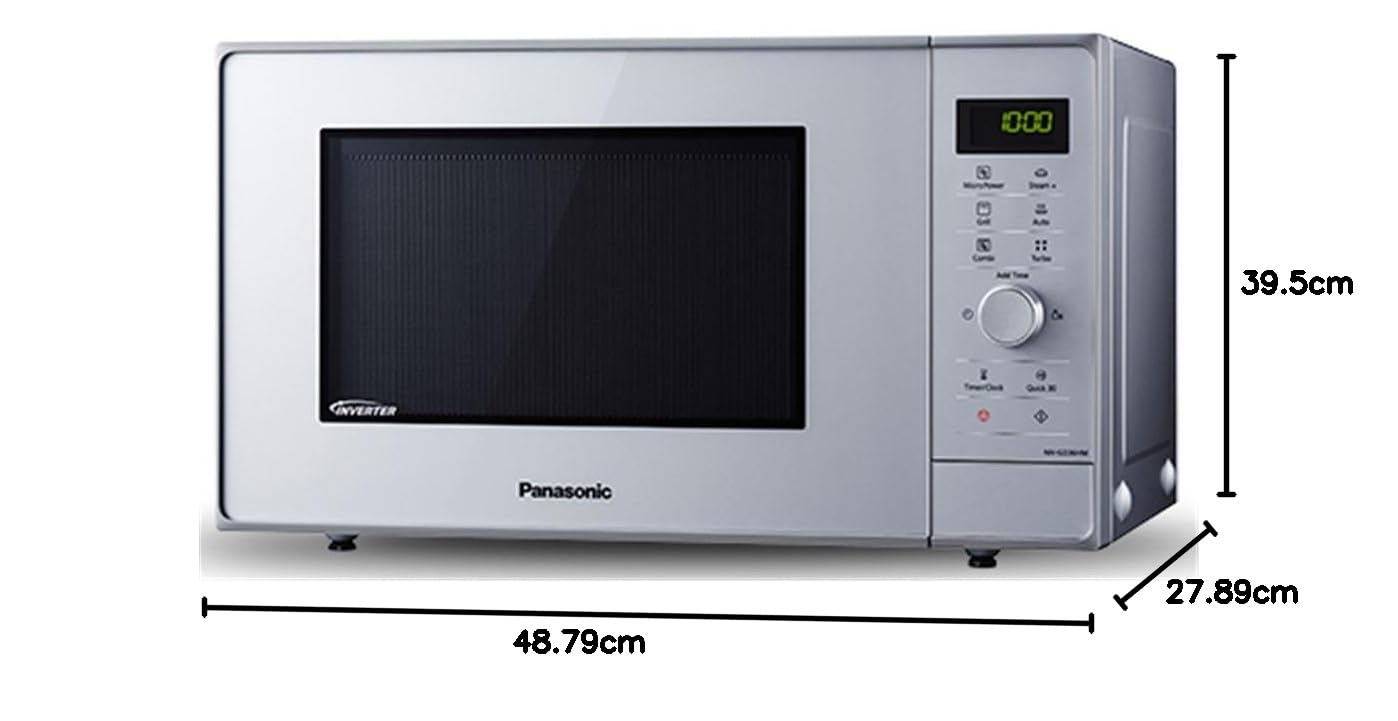 Panasonic NN-GD36HMSUG Forno Microonde Inverter e Grill con Piatto Rotante, Teglia Steam+, 23 Litri, Acciaio Inox, 1000 W, Grill 1000 W, 17 Programmi Automatici, Griglia Metallica, Argento