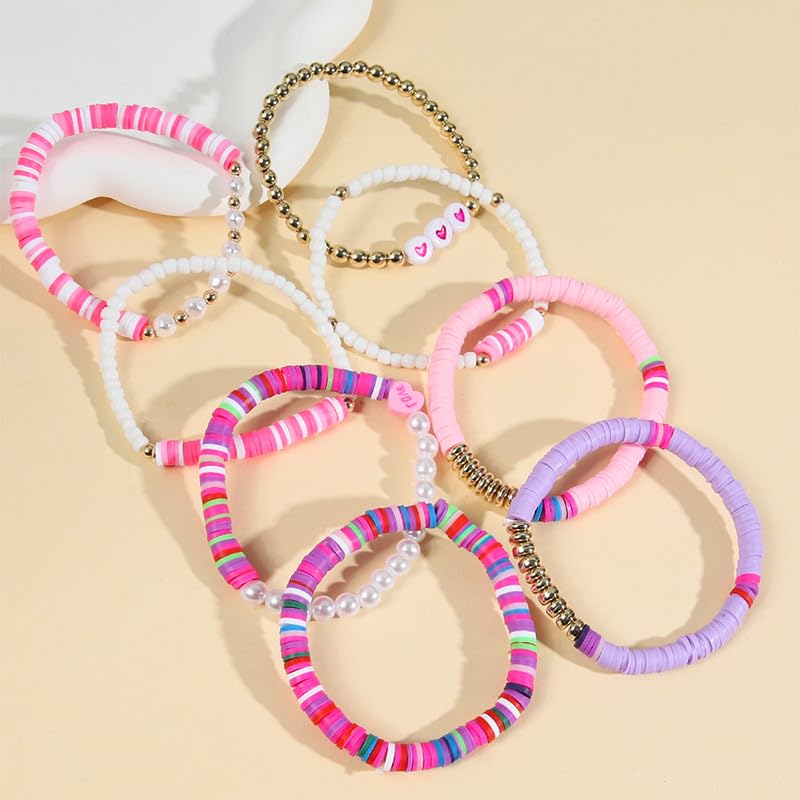 COLORFUL BLING 5-12Pcs Bohemian Love Heart Bead Bracelets for Women Vinyl Disc Heishi Surfer Stackable Stretch Bracelet Summer Beach Boho Jewelry3