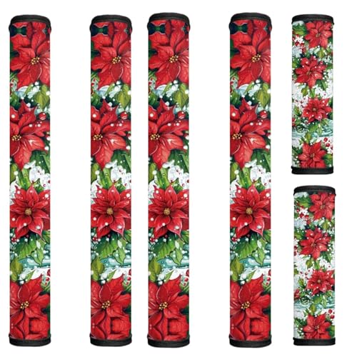 Image of Christmas Refrigerator Handle Covers, Red Poinsettia Flower Refrigerator Door Handle Covers Kitchen Appliance Decor Handles Anti-Skid Microwave Oven Stove Dishwasher Handle Protector 6 Pack