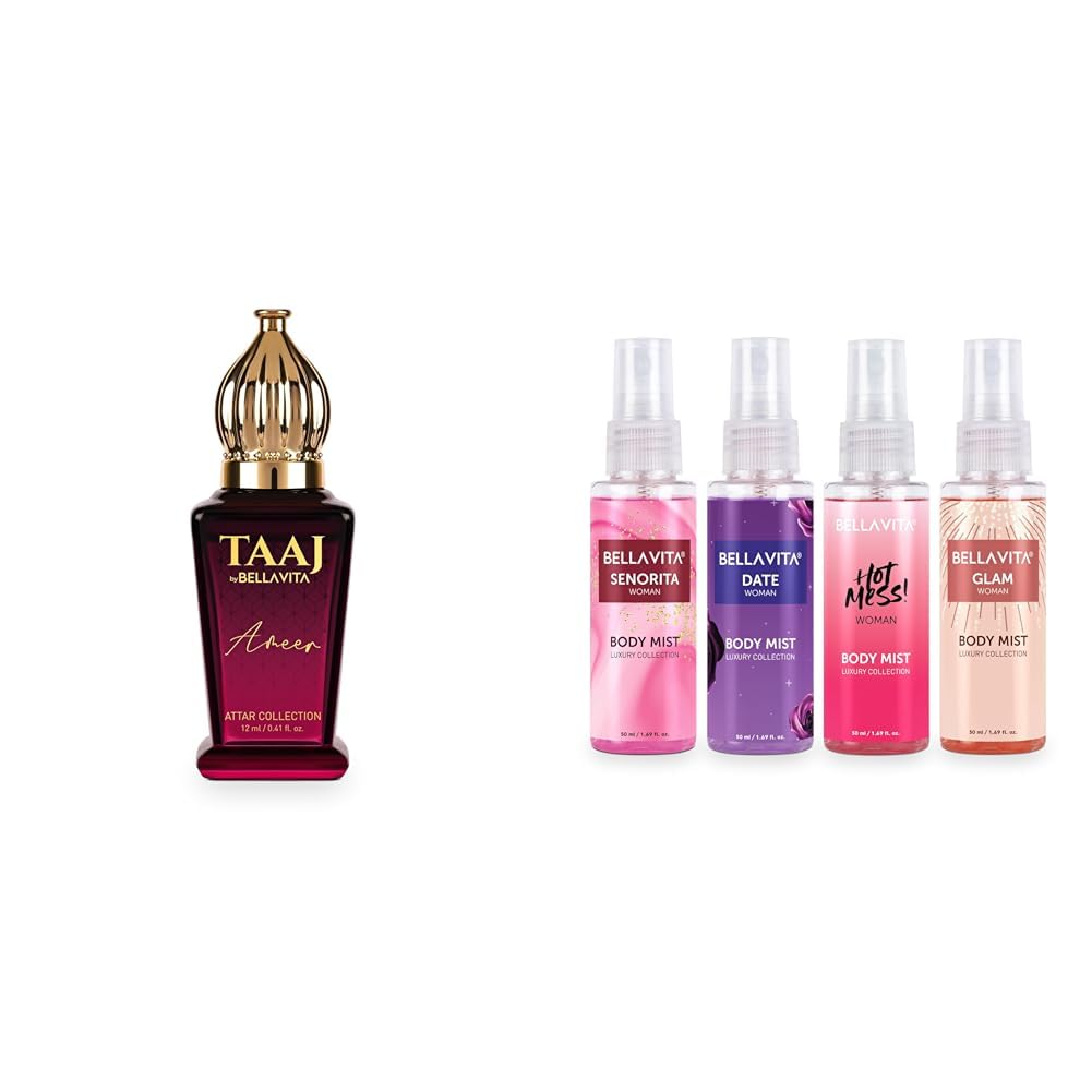 Bella Vita Luxury TAAJ Ameer Attar, 12 ML Body Mist Travel Size Gift Set for Woman with Date, Senorita, Glam & Hot Mess Refreshing Floral, Fruity|Long Lasting Fragrance, 50ml Each Bella Vita Luxury TAAJ Ameer Attar, 12 ML Body Mist Travel Size Gift Set for Woman with Date, Senorita, Glam & Hot Mess Refreshing Floral, Fruity|Long Lasting Fragrance, 50ml Each