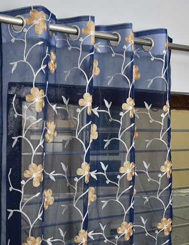 Image of Homefab India Embroidery Floral Net Transparent Sheer Curtain - 5X4 Feet, Window Curtains, Navy Blue, Pack of 1 Pc