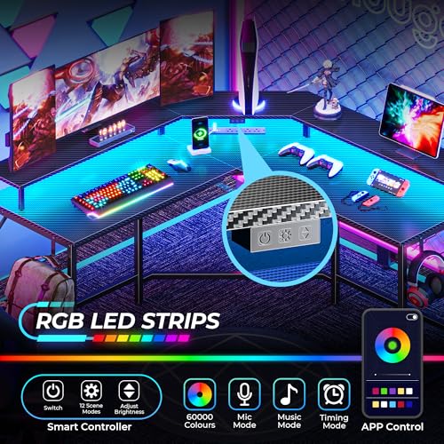 Huuger L Shaped Gaming Desk With Power Outlets & Led Lights thumb #3