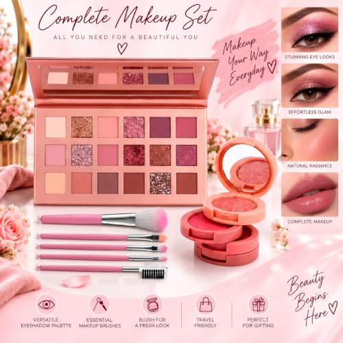 Image of Makeup Kit for Women with 18 Shade Eyeshadow Palette, Blush & Makeup Brushes | Matte, Shimmer & Glitter Eye Makeup Set | Cosmetic Kit for Party, Wedding & Everyday Looks