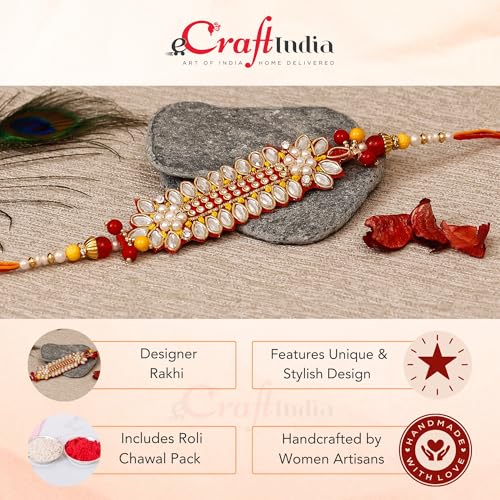 Image of eCraftIndia Set of 5 Multicolor Beads Pearls Diamond Rudraksha Rakhis for Brother Bhaiya Bhai | Roli Chawal Pack | Raksha Bandhan Rakhi