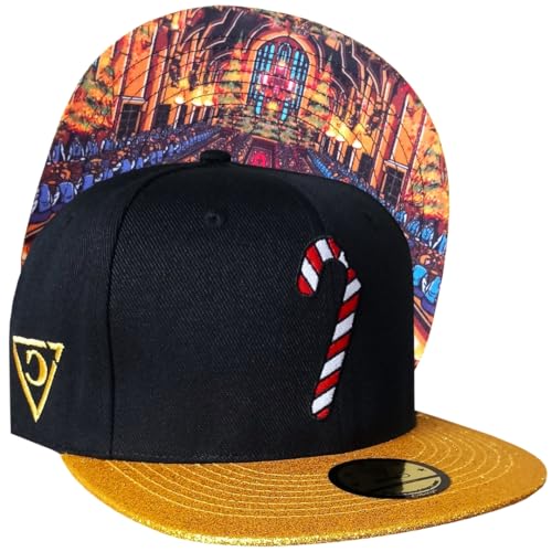 Capiche [99+ variaciones] Gorra Holiday Feast Snapback   Sombrero Negro con ala Dorada Purpurina, Bordado de bastón Caramelo, Arte Festivo bajo la Visera del Comedor,