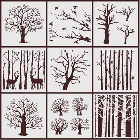 9 Pcs Drawing Painting Art Stencil Tree Stencils Set Reusable Painting Template for Paint Craft Wall DIY Nature Home Decor Wood Sign Cover