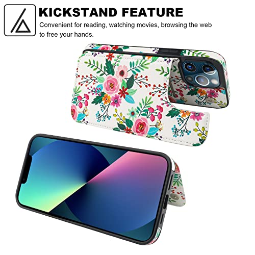Image of HAOPINSH for iPhone 13 Pro Max Wallet Case with Card Holder, Colorful Florals Pattern Back Folio Flip PU Leather Kickstand Card Slots Case, Double Magnetic Clasp Durable Shockproof Cover 6.7 inch