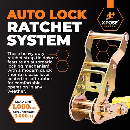 Image of Xpose Safety 4-Pack Retractable Ratchet Straps with Double J Hooks, Heavy Duty 1 inch x 15', 3,000 lbs Break Strength Tie-Downs for Truck, Trailer, Kayak & Motorcycle