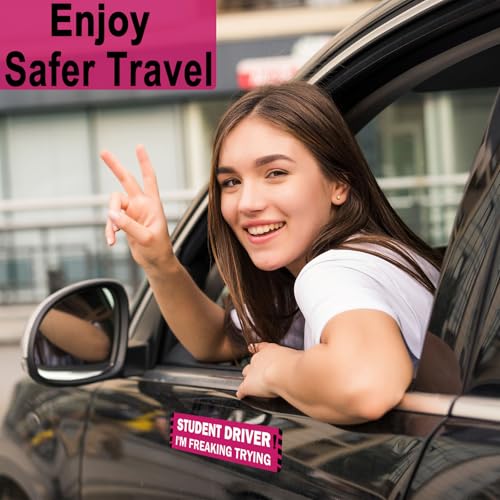 Image of Pink Student Driver Magnet for Car, Cute New Driver Magnetic Vehicle Sign, Reflective Safety Warning Sticker Magnet Sign for Girl, 10 inch x 4 inch (Pink- 2 Pack)