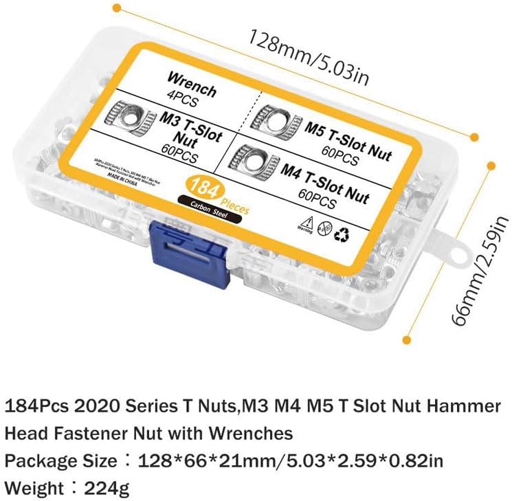 Generic 180pcs 20-m3 m4 m5 T Nut Set Hammer Head T Nut Kit Connector Nickel Plated For 20 Series Aluminium Profile Accessories