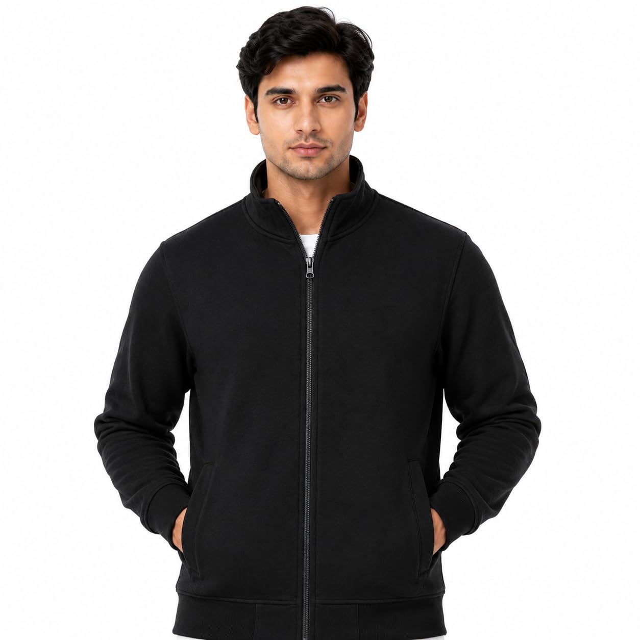 Mens Full Zip Fleece Sweatshirt Jacket with Pockets BLACK, Mock Neck Collar, Side Pockets, Thermal Warm Lining, Casual & Office Wear, Long Sleeves-picture-48