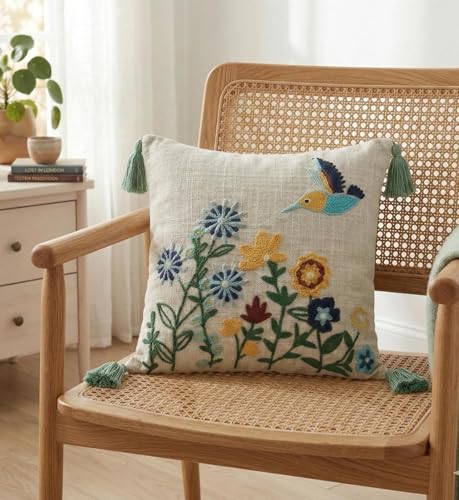 Image of Birds Flowers Embroidered Cushion Cover 16 x 16 Inches or 40x40 cms Cotton Fabric Cushion Covers for Sofa Set /Diwan Beds, Sofa Throw Pillow Cover Only, Set of 1 Pc
