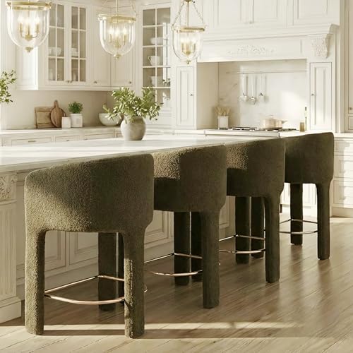 Image of HNY Modern Barrel Bar Stools Set of 4, 26 Inch Upholstered Sherpa Counter Height Bar Stools with Back and Armrests for Kitchen Island, Home Bar, Dining Room, No Assembly, Green