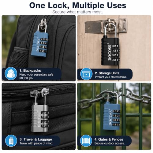 Image of DOCOSS Metal 4 Digit Combination Number Lock for Luggage Bag,Water-Resistant & Hardened Shackle,Pack of 3 (Black,Silver, Blue)