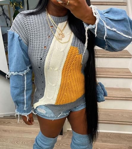 Vaceky Womens Sweaters Denim Sleeve Color Block Crewneck Pullover Knit Tops4