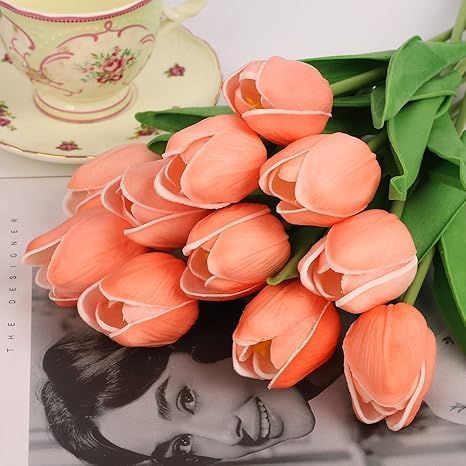 Image of Garden Art Artificial Tulip Flowers (Pack of 5) | Real Touch Silicone Single Stem Tulips for Home Decor, Living Room, Office, Vase & Wedding Decoration GAASTFB-1H-33OR (Orange)