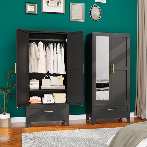 Image of erosoei 71" H Metal Armoire Wardrobe Closet with Mirror,Household Steel Wardrobe Cabinet with Drawers,Clothing Storage Armoire Cabinet with Adjustable Shelves and Hanging Rod for Bedroom（Black）