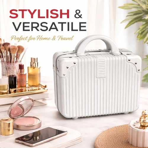 Image of Portable Hard Shell Cosmetic Bag Travel Case, Small Travel Hand Luggage with Elastic Band, Mini Abs Carrying Makeup Case Suitcase (B-White)