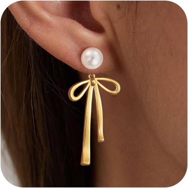 Risamil 14K Gold Plated/Silver Earrings for Women Trendy, Dainty Bow Earrings for Women Cute Pearl Huggie Earring Hoops Twist Rope Bow Stud Pearl Dangle Cubic Zirconia Earrings Jewelry Gifts