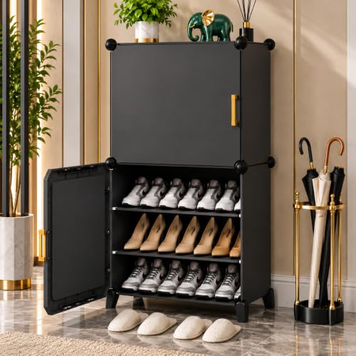 Image of Mevigo Plastic Shoe Rack for Home with Door | 9 Tier Stackable Shoe Organizer | Holds 18-Pairs |Waterproof & Dustproof | DIY Modular Shoe Cabinet |Chappal Slipper Stand (Grey-HD3, 6- Layer)